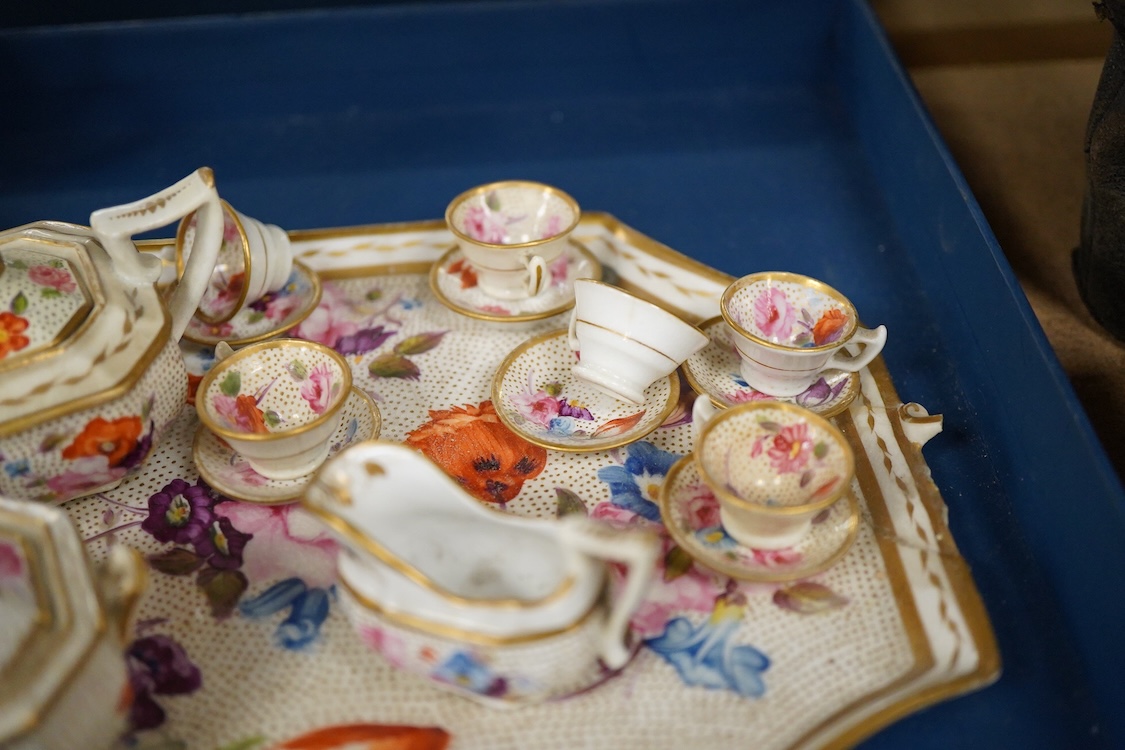 A pair of Meissen Marcolini period floral custard cups & covers together with an early 19th century English porcelain miniature tea set on tray, largest 20cm wide